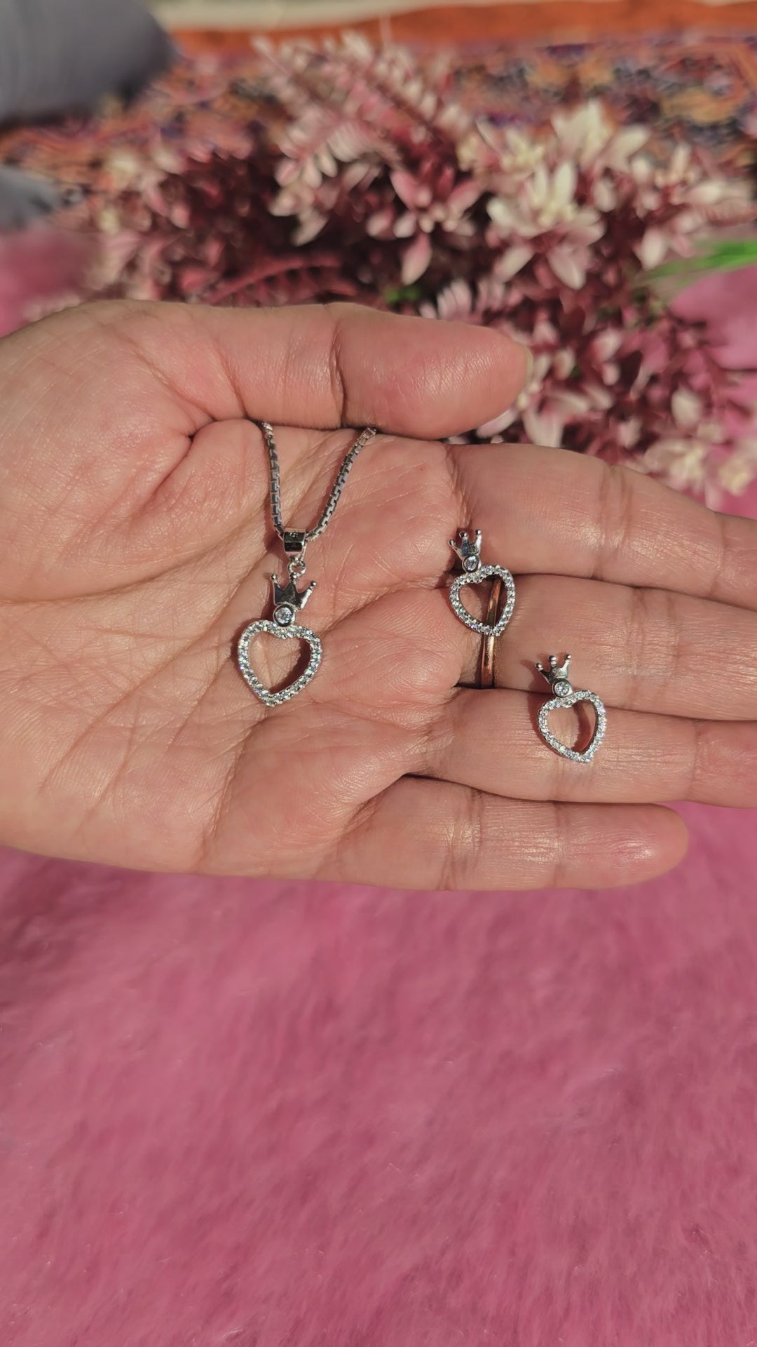 92.5 Silver Crown Heart Pendent Set