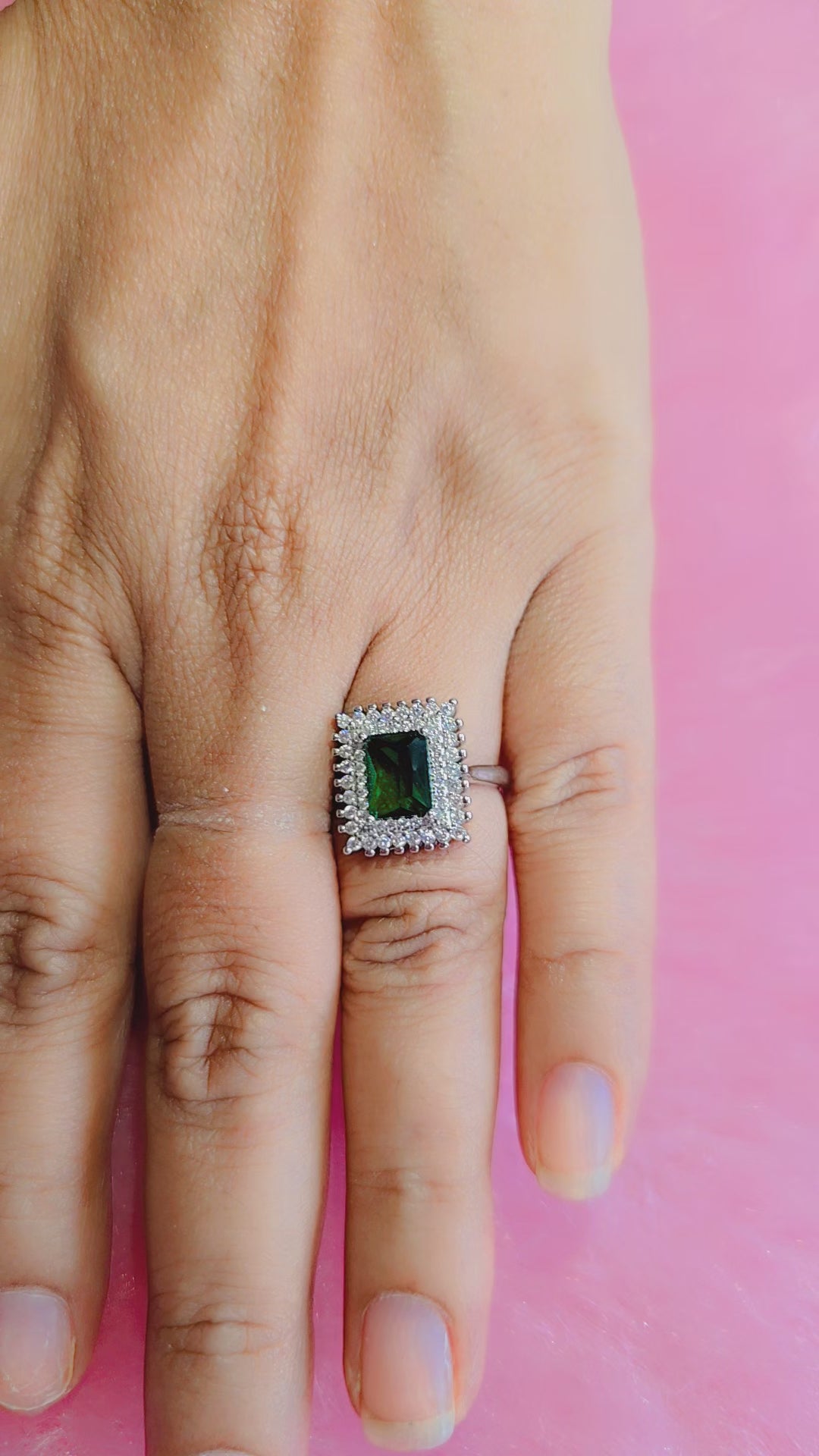 Emerald Elegance: 92.5 Silver Halo Ring with Green Gemstone