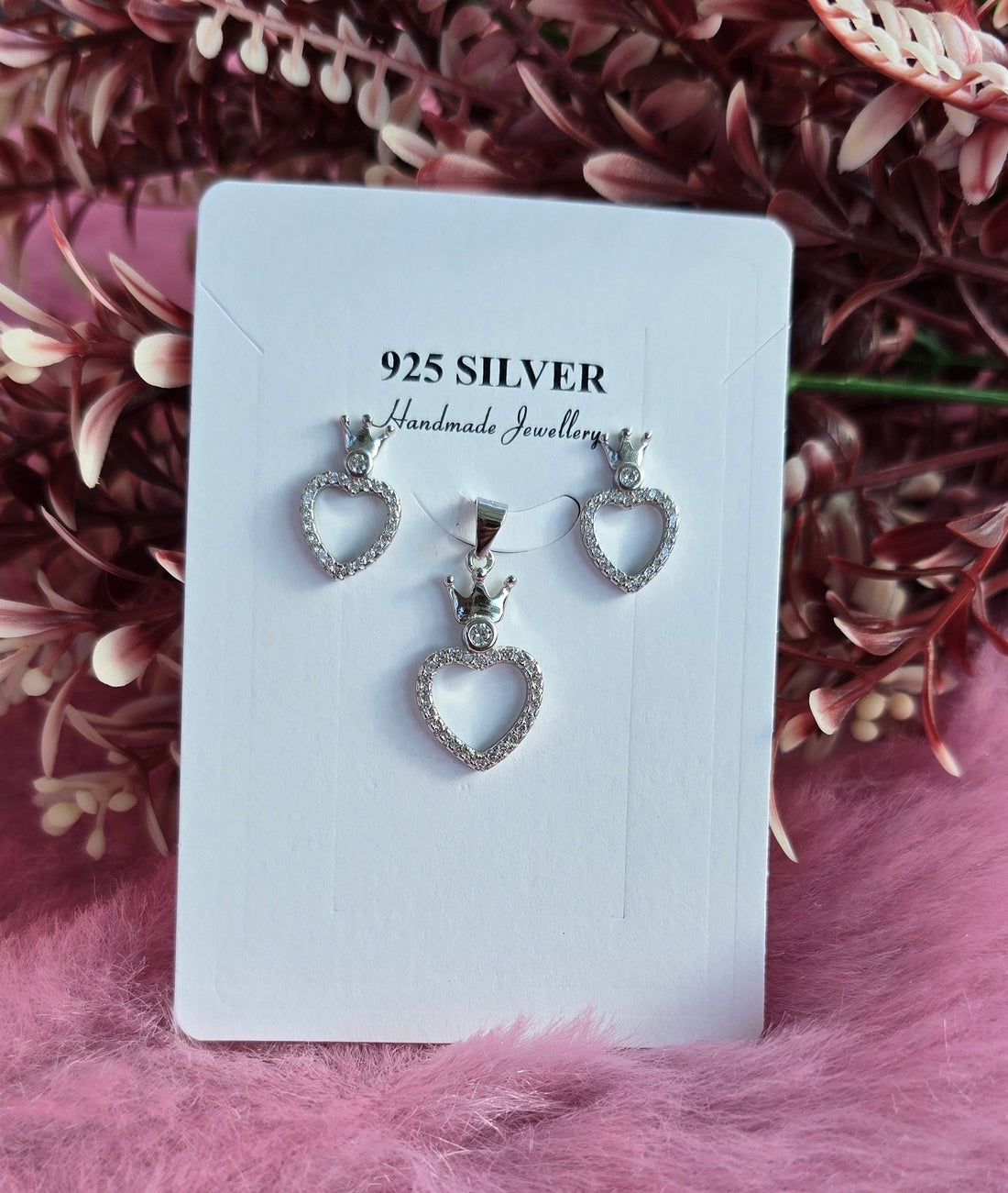 92.5 Silver Crown Heart Pendent Set