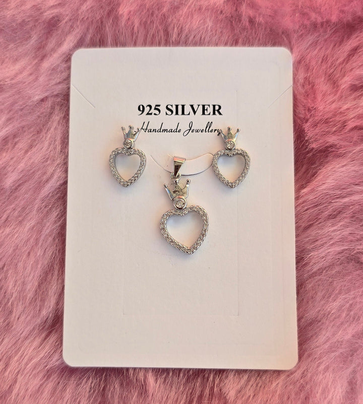 92.5 Silver Crown Heart Pendent Set